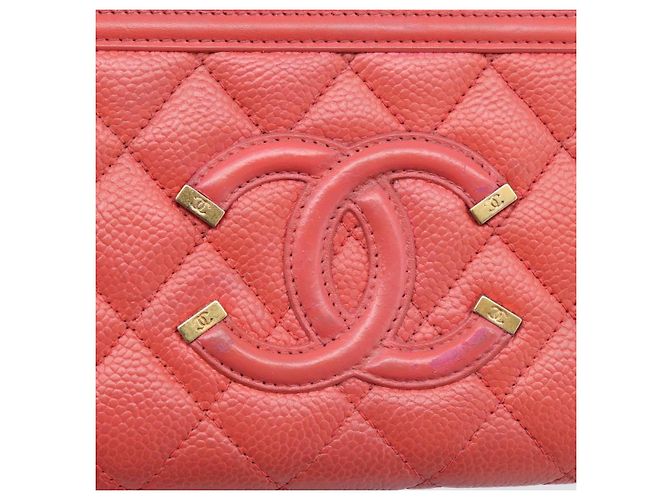 CHANEL Matelasse Lange Geldbörse aus Kaviarleder Orange Goldfarbenes CC Auth 203090 - Ansicht 13