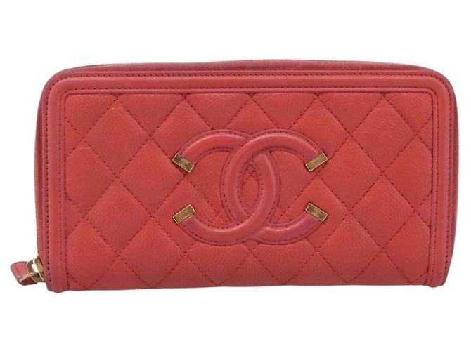 CHANEL Matelasse Lange Geldbörse aus Kaviarleder Orange Goldfarbenes CC Auth 203090 - Ansicht 2