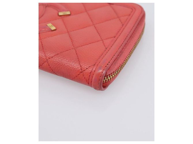 CHANEL Matelasse Lange Geldbörse aus Kaviarleder Orange Goldfarbenes CC Auth 203090 - Ansicht 8