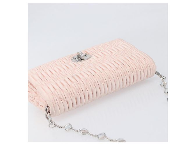 Borsa a tracolla Miu Miu Matelassé Bijoux Chain in raso rosa argento Auth 200528V - vista 6
