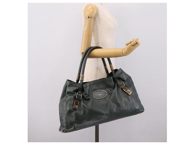 Chloé Borsa Tote Chloe Victoria in Pelle Verde Tono Oro Auth 203354 - vista 20