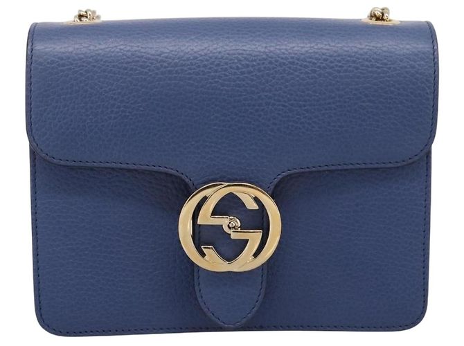 GUCCI Interlocking G Chain Schultertasche aus Leder Blau Gold 510304 Auth 202459V Golden - Ansicht 2