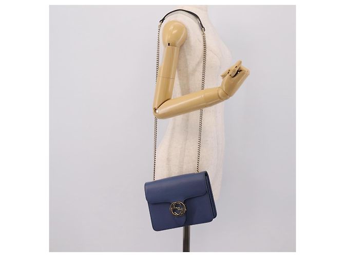 GUCCI Interlocking G Chain Schultertasche aus Leder Blau Gold 510304 Auth 202459V Golden - Ansicht 23