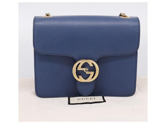 GUCCI Interlocking G Chain Schultertasche aus Leder Blau Gold 510304 Auth 202459V Golden - Ansicht 24