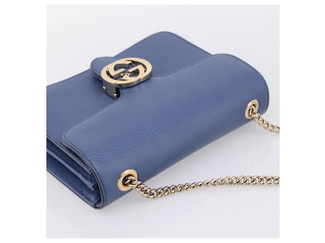 GUCCI Interlocking G Chain Schultertasche aus Leder Blau Gold 510304 Auth 202459V Golden - Ansicht 6