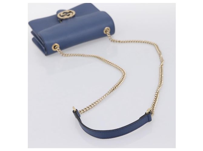GUCCI Interlocking G Chain Schultertasche aus Leder Blau Gold 510304 Auth 202459V Golden - Ansicht 7
