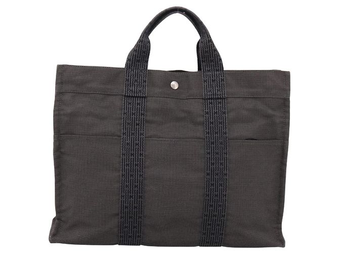 Hermès HERMES Her Line Tote MM Tote Bag Canvas Gray Silver Auth 203783 Marrone Argento - vista 2