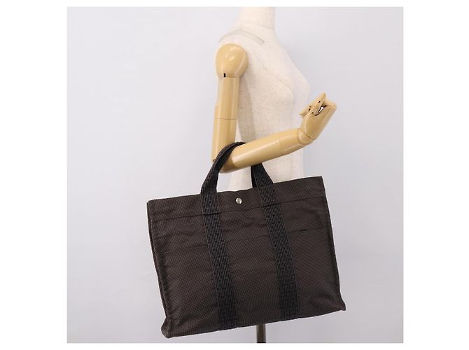 Hermès HERMES Her Line Tote MM Tote Bag Canvas Gray Silver Auth 203783 Marrone Argento - vista 20