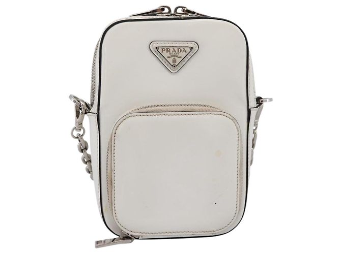 PRADA Schultertasche mit Kette aus Leder Weiß Silber Auth 202662 - Ansicht 2