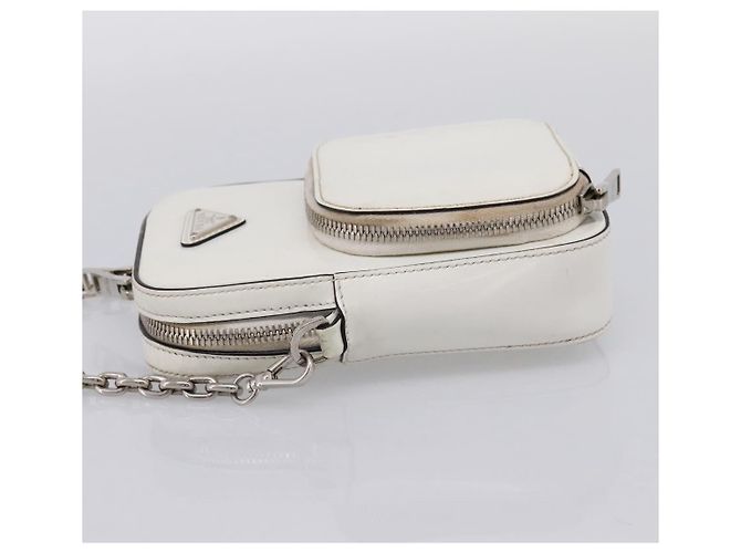 PRADA Schultertasche mit Kette aus Leder Weiß Silber Auth 202662 - Ansicht 4