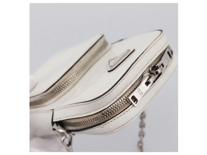 PRADA Schultertasche mit Kette aus Leder Weiß Silber Auth 202662 - Ansicht 6