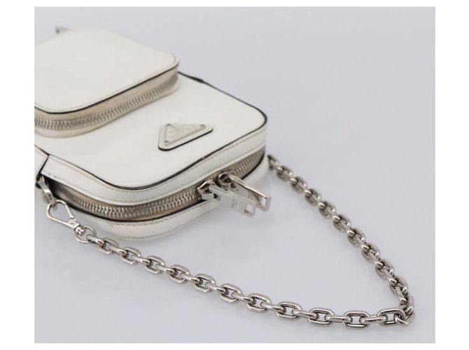 PRADA Schultertasche mit Kette aus Leder Weiß Silber Auth 202662 - Ansicht 7