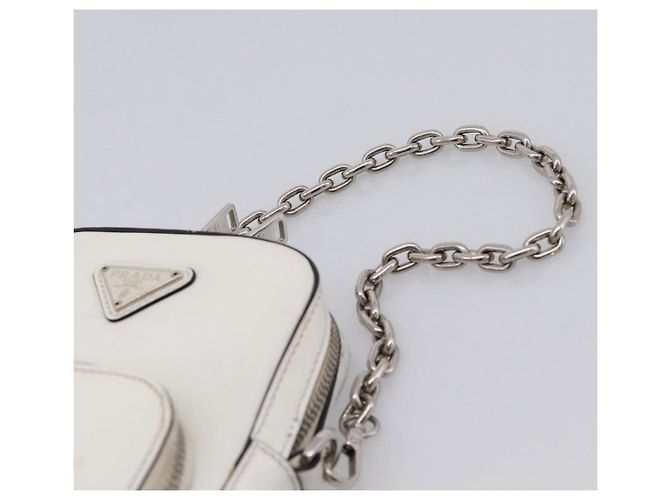 PRADA Schultertasche mit Kette aus Leder Weiß Silber Auth 202662 - Ansicht 8