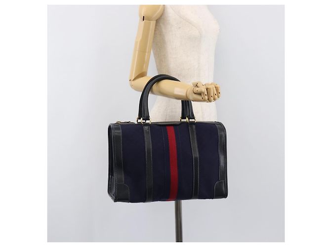 Borsa Boston GUCCI Micro GG Canvas Sherry Line Navy Gold Auth 203400A D'oro Blu navy - vista 22