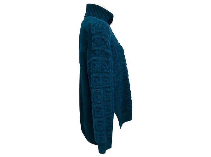 Fendi Rollkragenpullover aus Mohair- und Wollstrick in Dunkelblau-Grün mit FF Zucca Logo-Muster - Ansicht 2