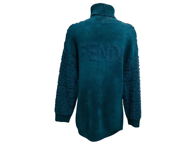 Fendi Rollkragenpullover aus Mohair- und Wollstrick in Dunkelblau-Grün mit FF Zucca Logo-Muster - Ansicht 3