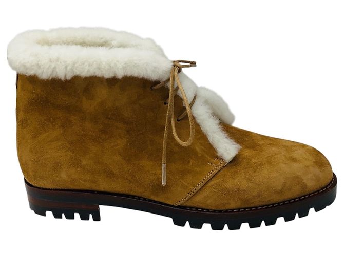 Stivaletti Manolo Blahnik in camoscio Tan / Ivory foderati in shearling con suole lug Cammello - vista 2