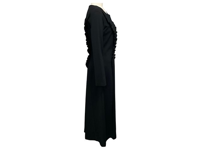 Autre Marque MeiMeij schwarzes Jersey-Stretch-Midikleid mit langen Ärmeln und Rüschen - Ansicht 2