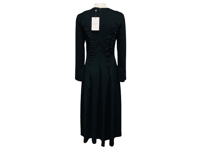 Autre Marque MeiMeij schwarzes Jersey-Stretch-Midikleid mit langen Ärmeln und Rüschen - Ansicht 3