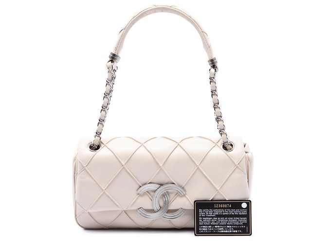Borsa a tracolla Chanel CC Double Stitch in pelle di agnello bianca Single Flap Bianco - vista 7