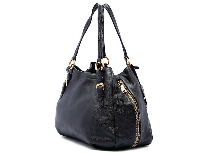 Borsa Tote Convertibile con Zip Laterale Prada Vitello Daino Nera Nero - vista 2