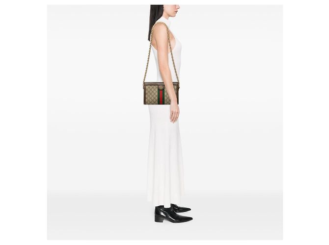 Borsa a Tracolla Gucci Small GG Supreme Web Ophidia con Catena Beige - vista 6