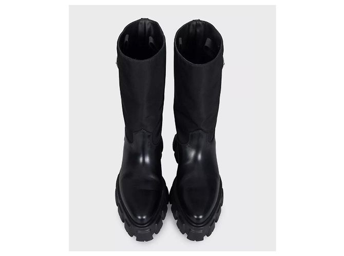 Prada Monolith Black Leather Boots with Silver-Tone Logo - EU 39 Pre-owned - view 2