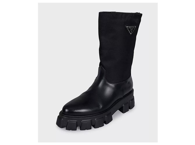 Prada Monolith Black Leather Boots with Silver-Tone Logo - EU 39 Pre-owned - view 3