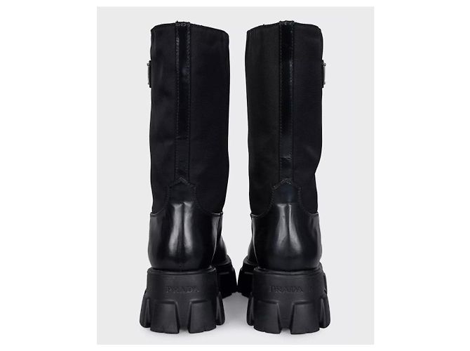 Prada Monolith Black Leather Boots with Silver-Tone Logo - EU 39 Pre-owned - view 5