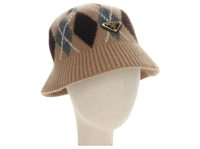 Bob Prada avec logo triangle en laine et cachemire Beige - vue 3