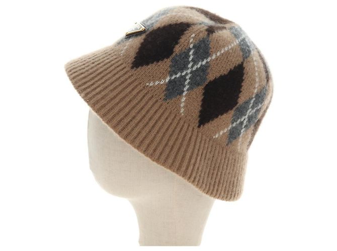 Bob Prada avec logo triangle en laine et cachemire Beige - vue 4