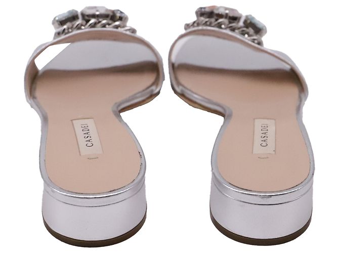 Casadei Pantoletten aus metallic-silbernem Leder mit Kristallbesatz Metallisch - Ansicht 5