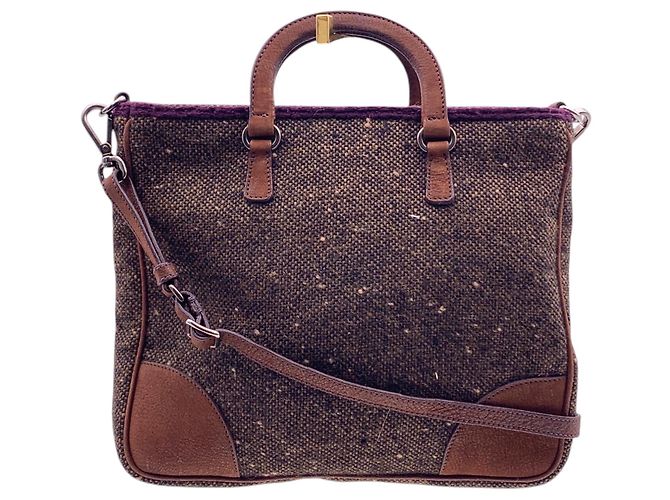 Prada Borsa Tote 2Way a tracolla in tweed marrone e camoscio con cristalli - vista 2