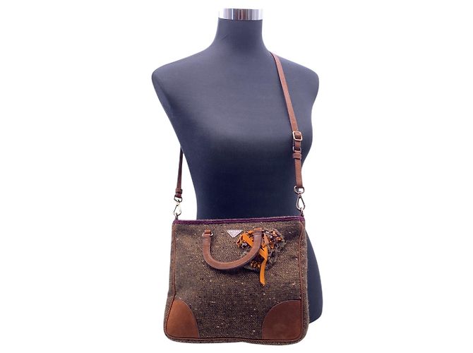 Prada Borsa Tote 2Way a tracolla in tweed marrone e camoscio con cristalli - vista 3