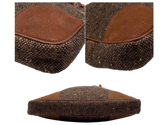 Prada Borsa Tote 2Way a tracolla in tweed marrone e camoscio con cristalli - vista 4