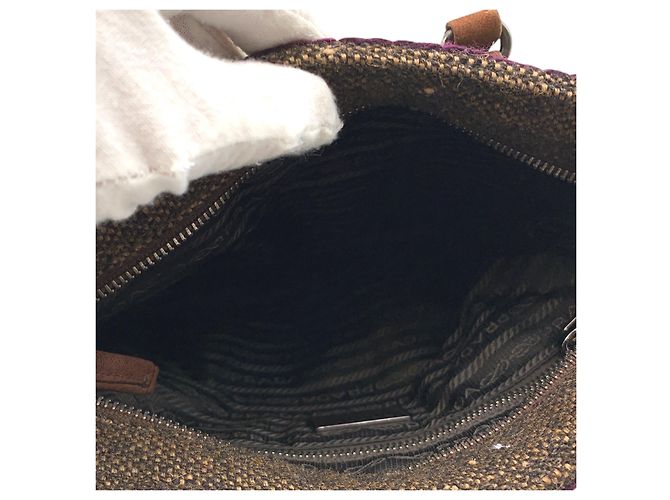 Prada Borsa Tote 2Way a tracolla in tweed marrone e camoscio con cristalli - vista 6