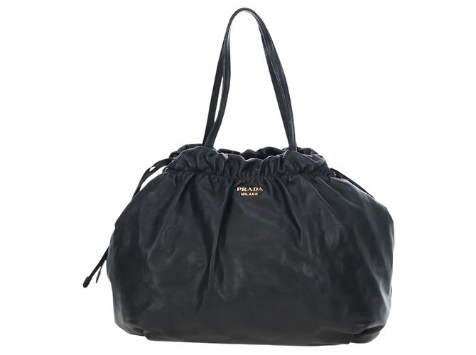 PRADA Side Ribbon Hand Bag Leather Black Gold BR4240 - vista 2