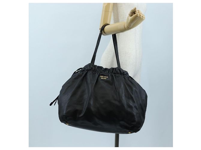 PRADA Side Ribbon Hand Bag Leather Black Gold BR4240 - vista 27