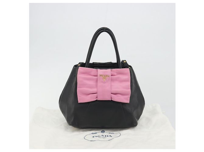 PRADA Ribbon Hand Bag Leather 2way Black Gold - vista 12