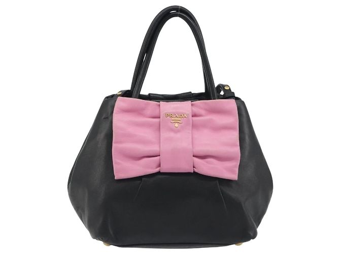PRADA Ribbon Hand Bag Leather 2way Black Gold - vista 13