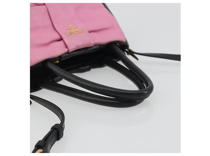 PRADA Ribbon Hand Bag Leather 2way Black Gold - vista 7