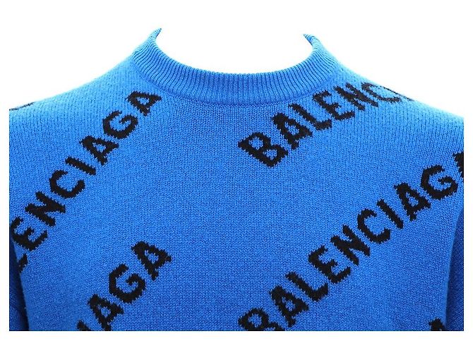 Balenciaga Oversized Wollstrickpullover mit kontrastierendem Allover-Logo und Rundhalsausschnitt Blau - Ansicht 2