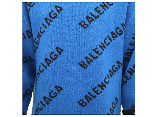 Balenciaga Oversized Wollstrickpullover mit kontrastierendem Allover-Logo und Rundhalsausschnitt Blau - Ansicht 3