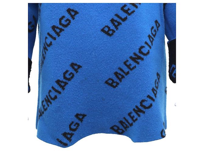 Balenciaga Oversized Wollstrickpullover mit kontrastierendem Allover-Logo und Rundhalsausschnitt Blau - Ansicht 4