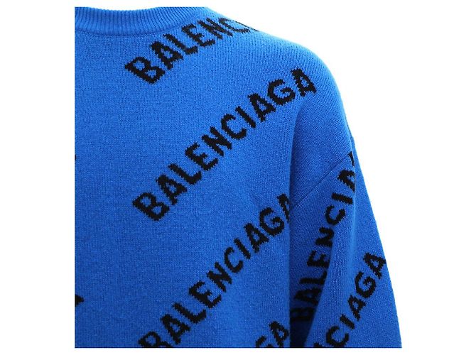 Balenciaga Oversized Wollstrickpullover mit kontrastierendem Allover-Logo und Rundhalsausschnitt Blau - Ansicht 6