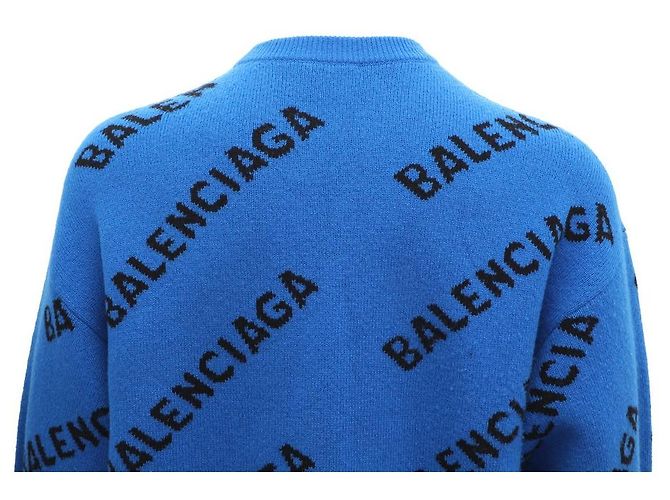 Balenciaga Oversized Wollstrickpullover mit kontrastierendem Allover-Logo und Rundhalsausschnitt Blau - Ansicht 7