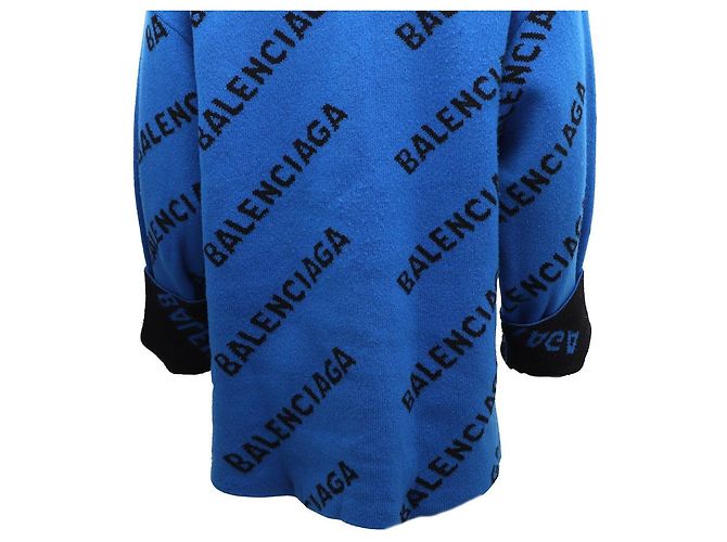 Balenciaga Oversized Wollstrickpullover mit kontrastierendem Allover-Logo und Rundhalsausschnitt Blau - Ansicht 8