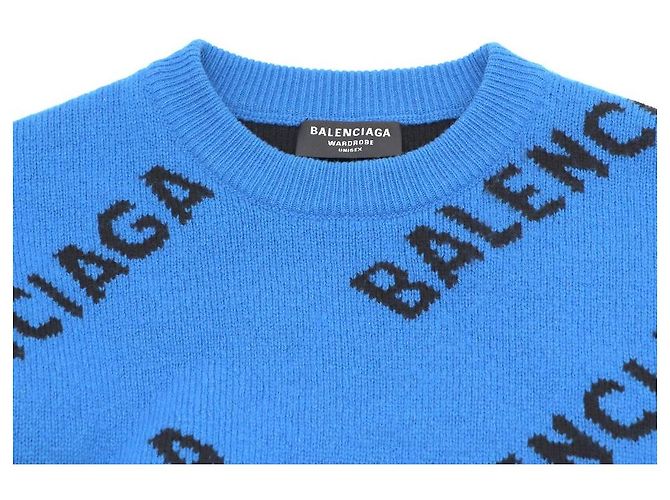 Balenciaga Oversized Wollstrickpullover mit kontrastierendem Allover-Logo und Rundhalsausschnitt Blau - Ansicht 9