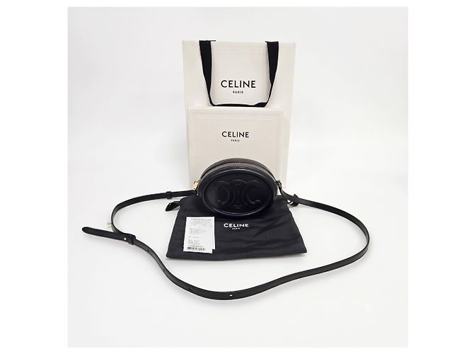Céline Mini Bolsa Tiracolo Oval Pulse Triomphe em Pele de Vitelo Preta Preto - vista 10