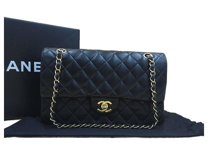 Chanel Borsa Classic Medium Flap in pelle d'agnello con catena dorata Nero - vista 10